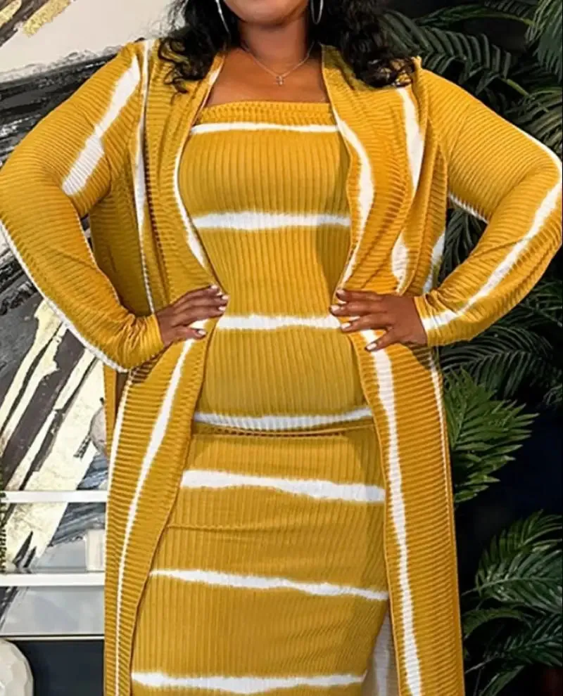 Joskaa Elegant 2-Piece Sets for Women Autumn Elegant Stripe Printed Knitted Bodycon Dresses Long Sleeve Split Wool Sweater Skirt Sets