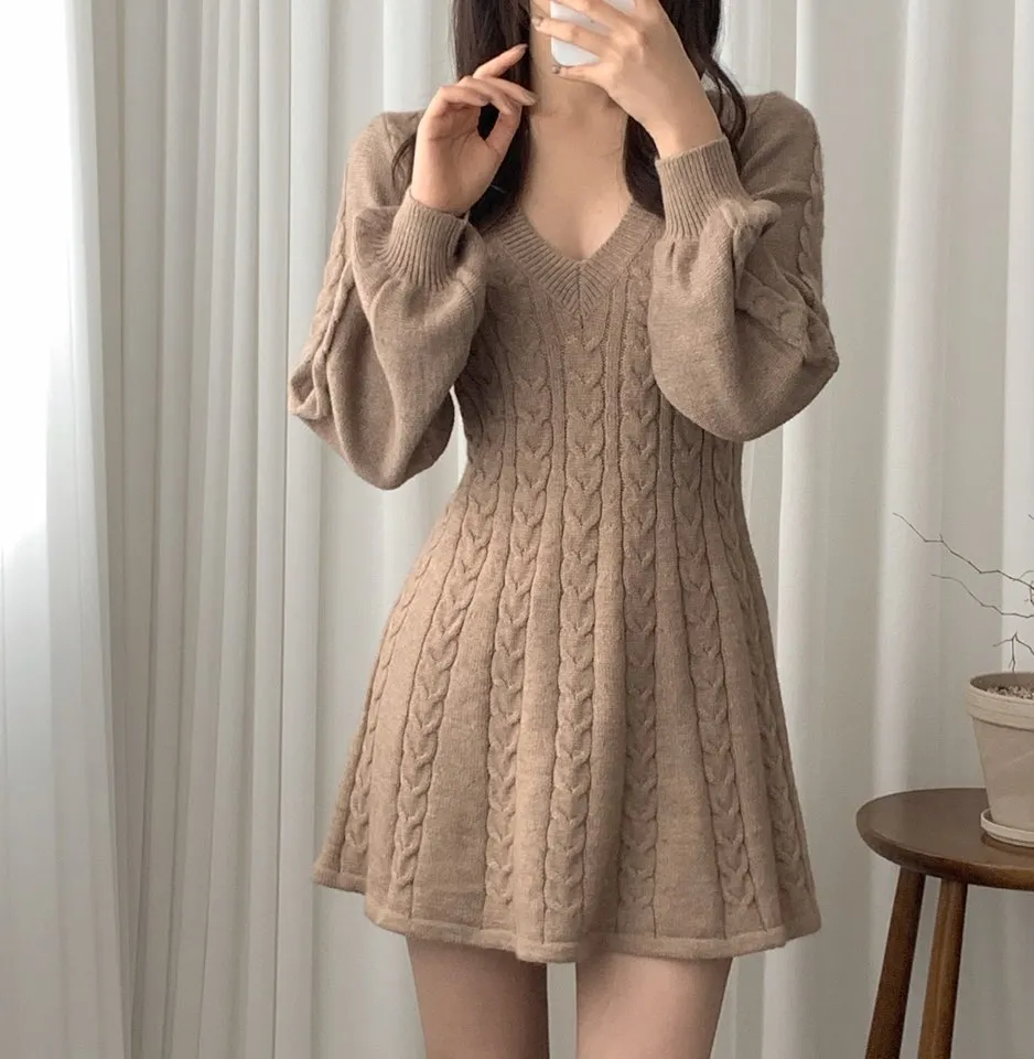 Joskaa Knitted Dresses for Women Autumn Winter 2024 Korean New Pullover Sexy V-Neck Long Lantern Sleeve A Line Sweater Dress