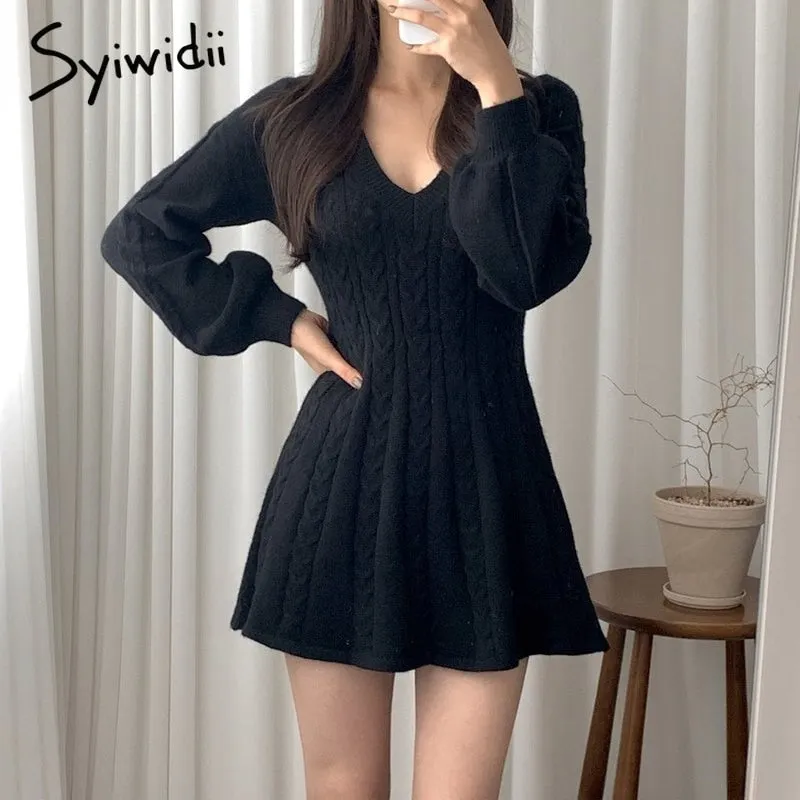 Joskaa Knitted Dresses for Women Autumn Winter 2024 Korean New Pullover Sexy V-Neck Long Lantern Sleeve A Line Sweater Dress