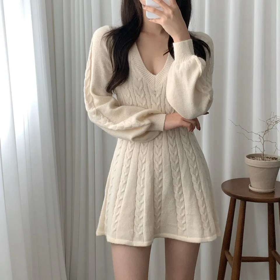 Joskaa Knitted Dresses for Women Autumn Winter 2024 Korean New Pullover Sexy V-Neck Long Lantern Sleeve A Line Sweater Dress