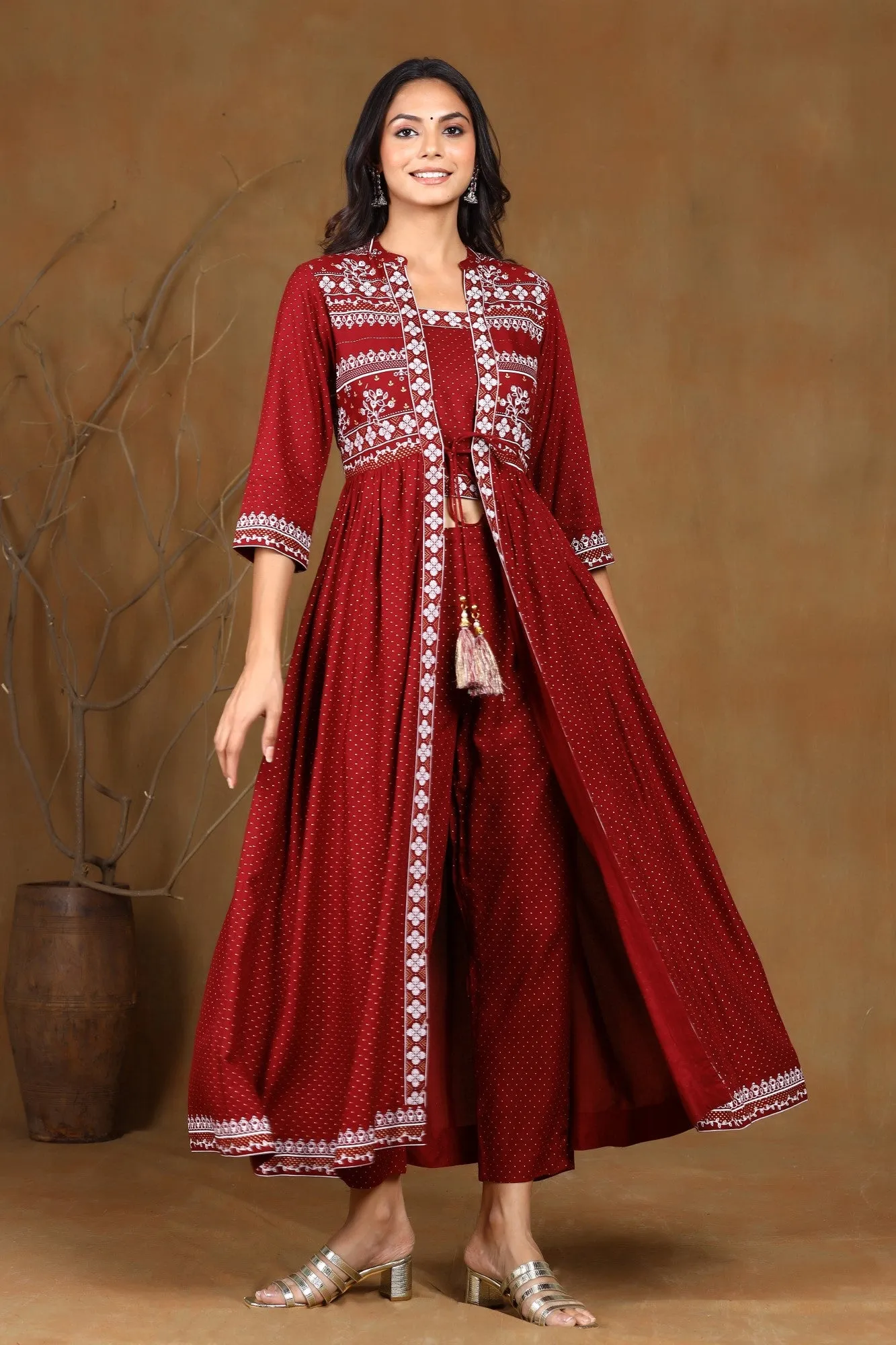 Juniper Maroon Ethnic Motif Printed Rayon Jacket Style Kurta & Pants Set.