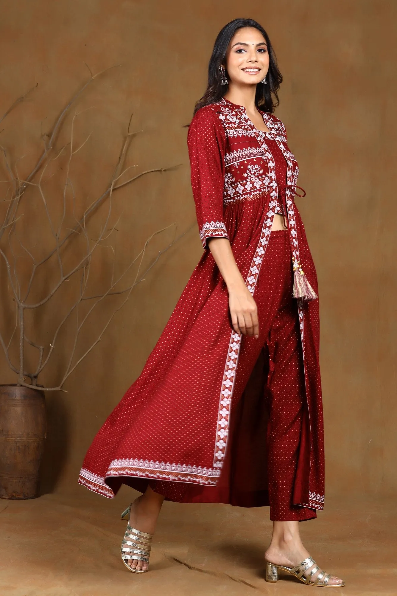 Juniper Maroon Ethnic Motif Printed Rayon Jacket Style Kurta & Pants Set.