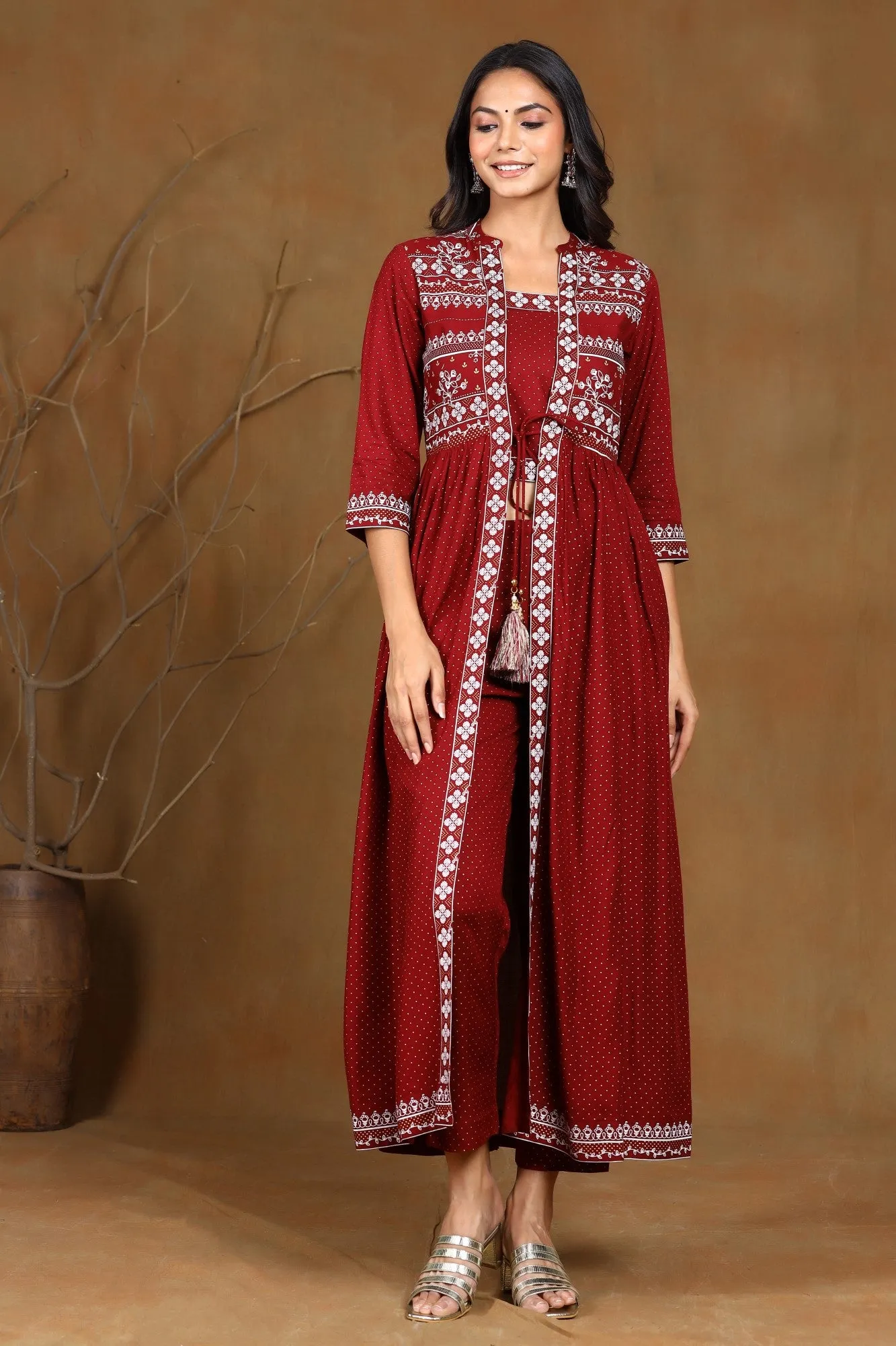 Juniper Maroon Ethnic Motif Printed Rayon Jacket Style Kurta & Pants Set.