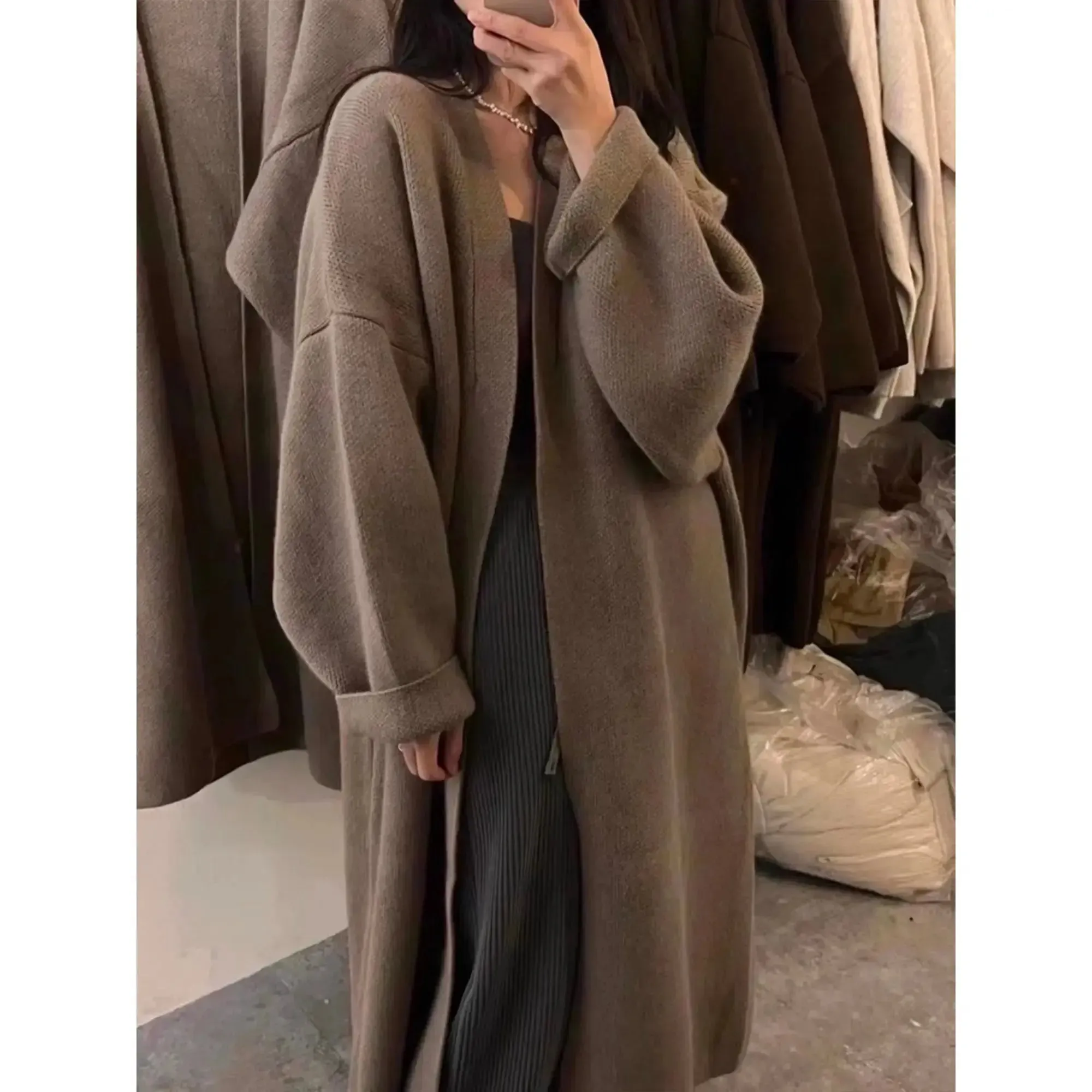 Khaki Knitted Long Cardigan Coat