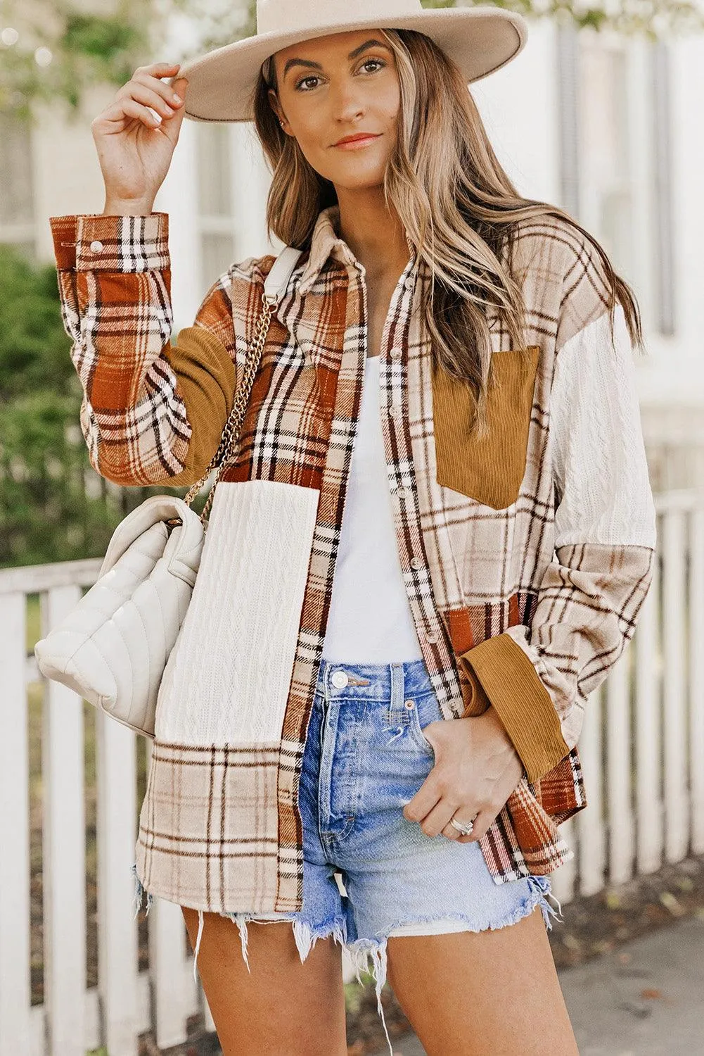 Khaki Plaid Color Block Patchwork Shirt Jacket with Pocket