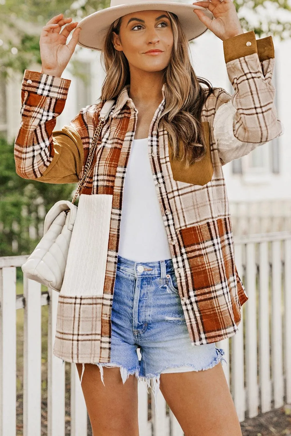 Khaki Plaid Color Block Patchwork Shirt Jacket with Pocket