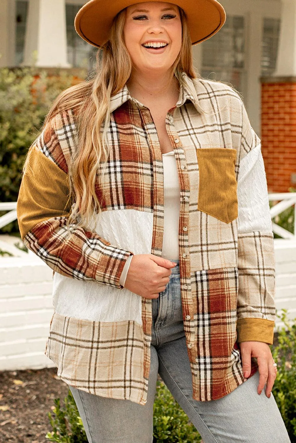 Khaki Plaid Color Block Patchwork Shirt Jacket with Pocket