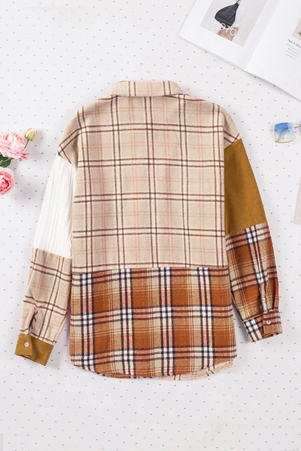 Khaki Plaid Color Block Patchwork Shirt Jacket with Pocket