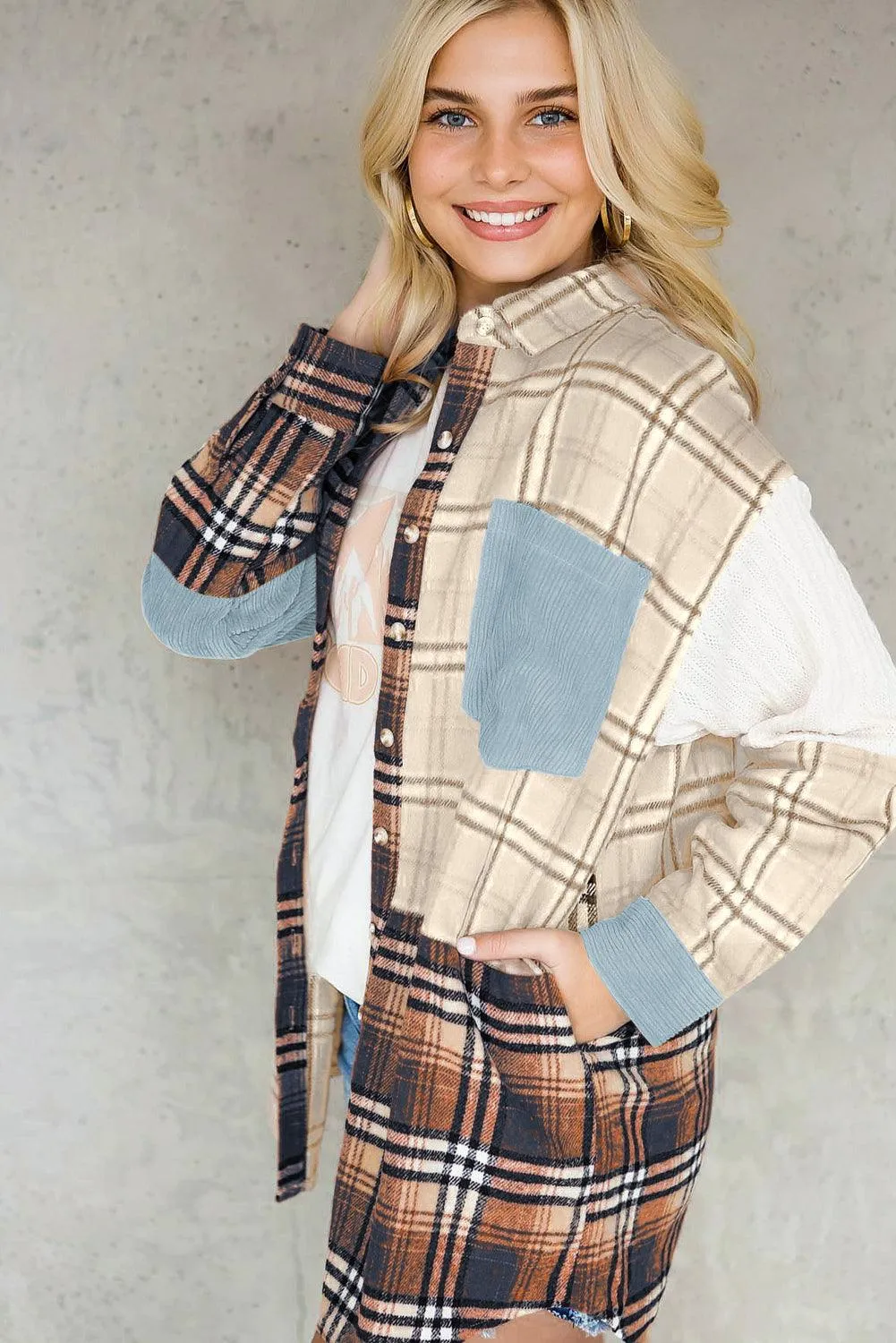 Khaki Plaid Color Block Patchwork Shirt Jacket with Pocket