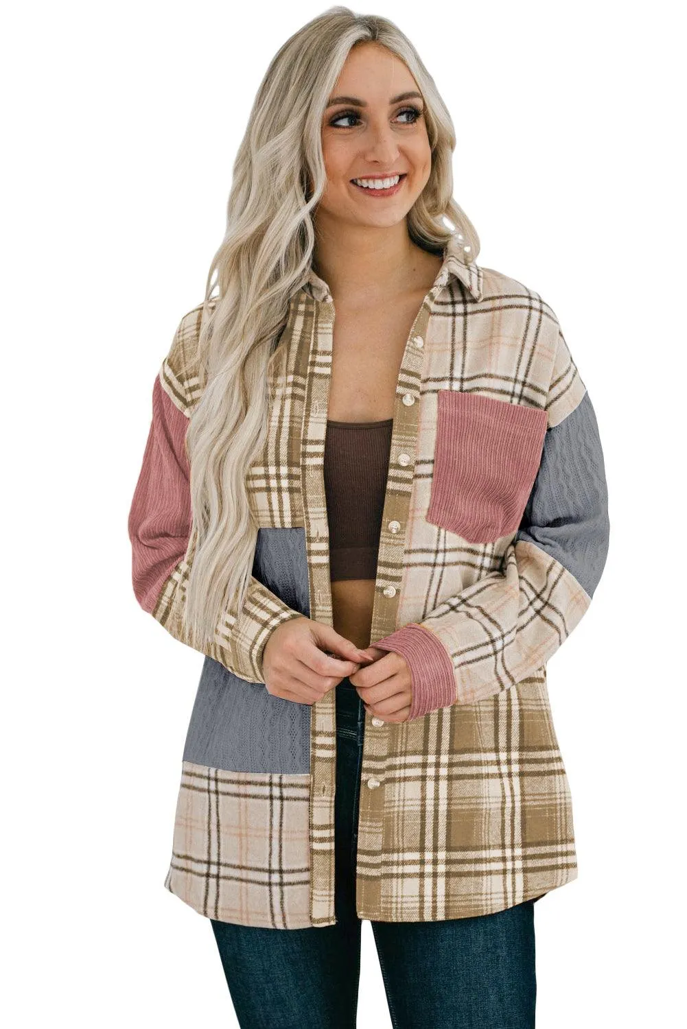 Khaki Plaid Color Block Patchwork Shirt Jacket with Pocket