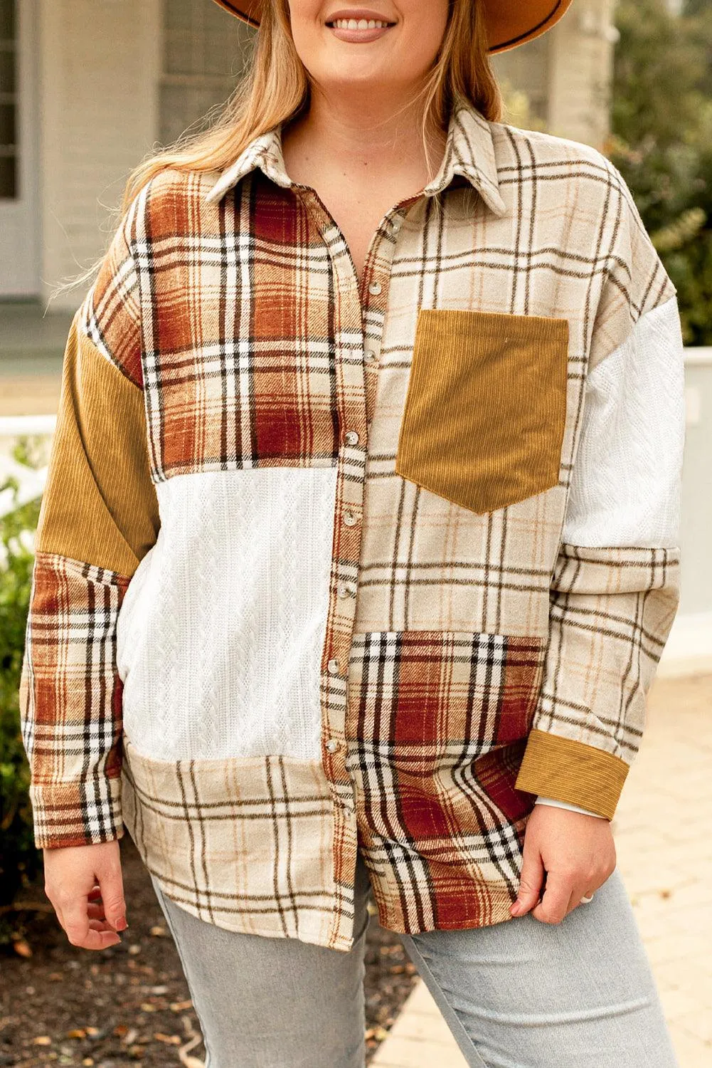 Khaki Plaid Color Block Patchwork Shirt Jacket with Pocket