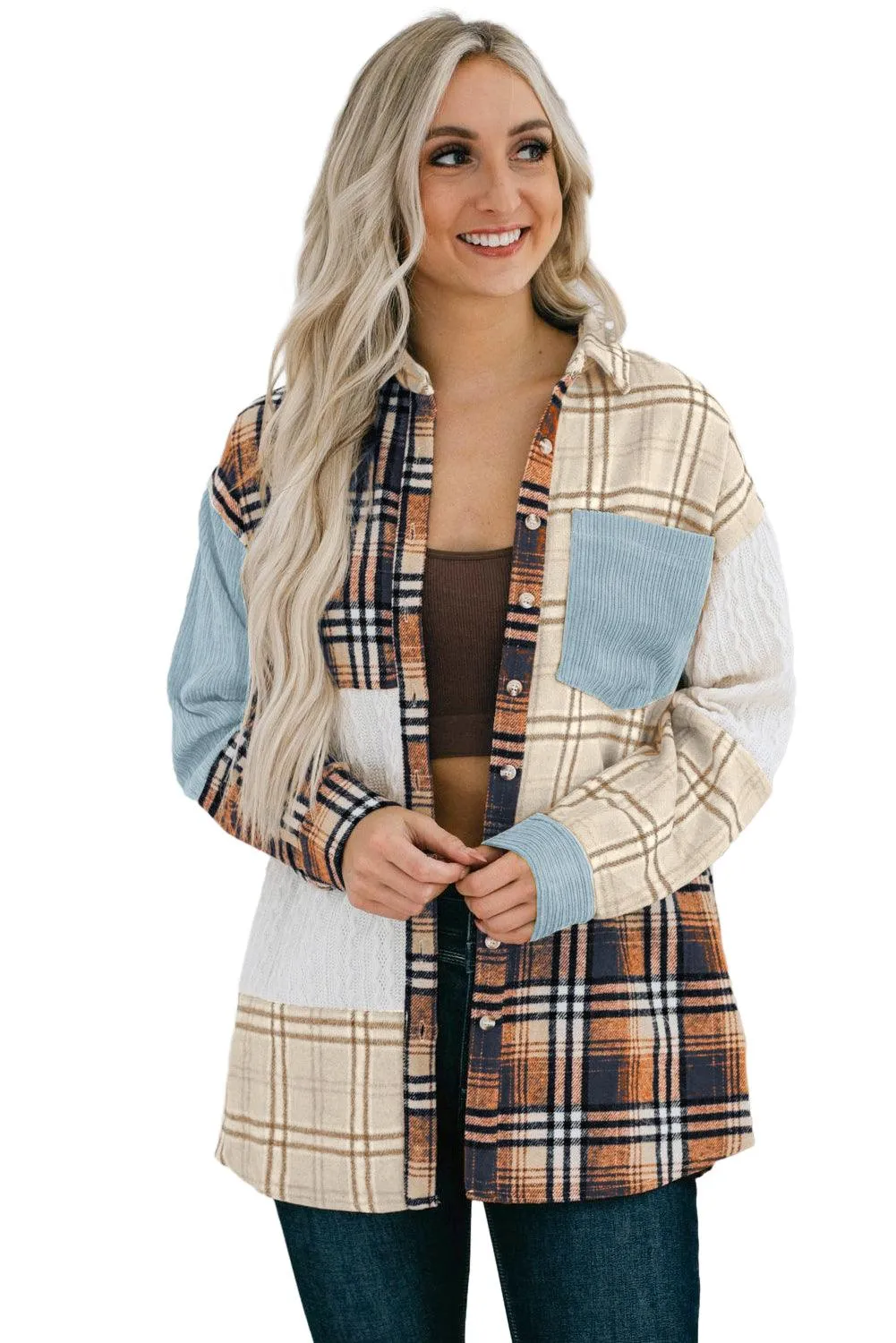 Khaki Plaid Color Block Patchwork Shirt Jacket with Pocket