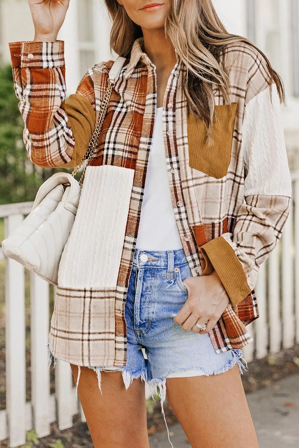 Khaki Plaid Color Block Patchwork Shirt Jacket with Pocket