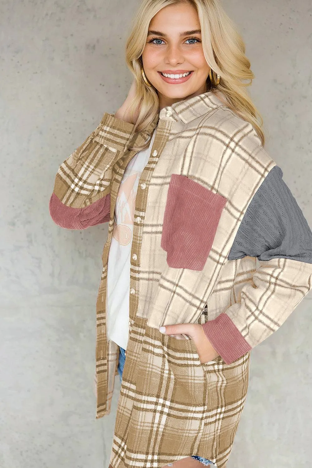 Khaki Plaid Color Block Patchwork Shirt Jacket with Pocket