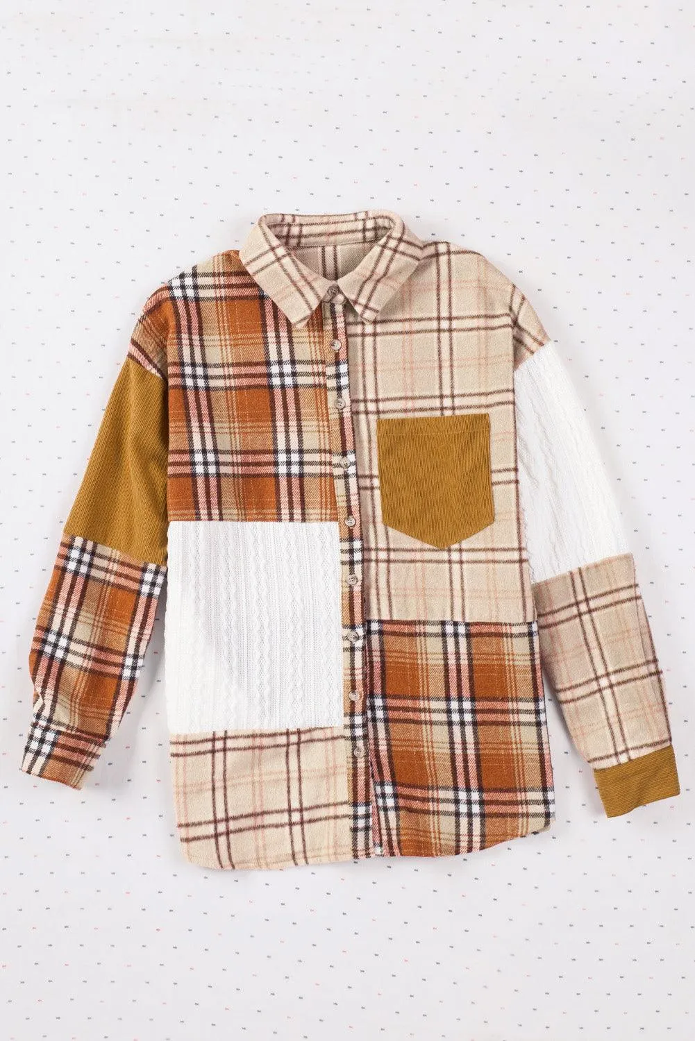 Khaki Plaid Color Block Patchwork Shirt Jacket with Pocket