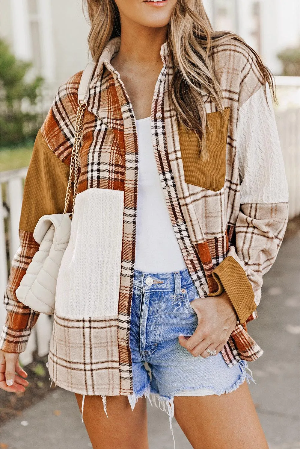 Khaki Plaid Color Block Patchwork Shirt Jacket with Pocket