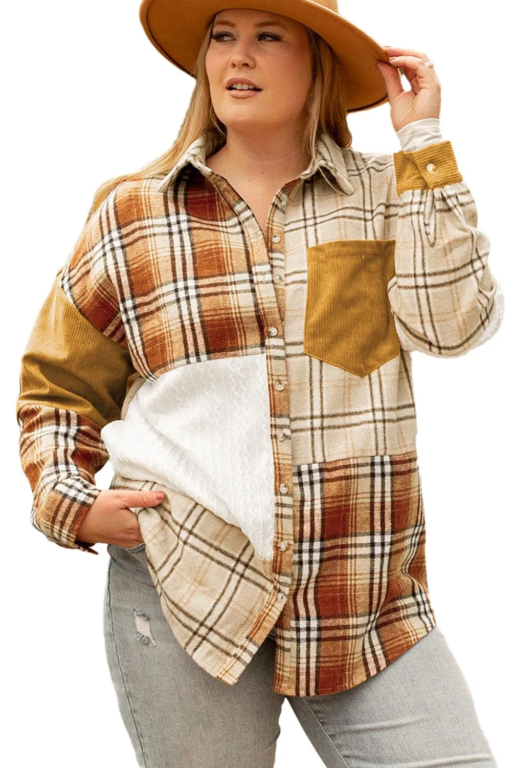 Khaki Plaid Color Block Patchwork Shirt Jacket with Pocket