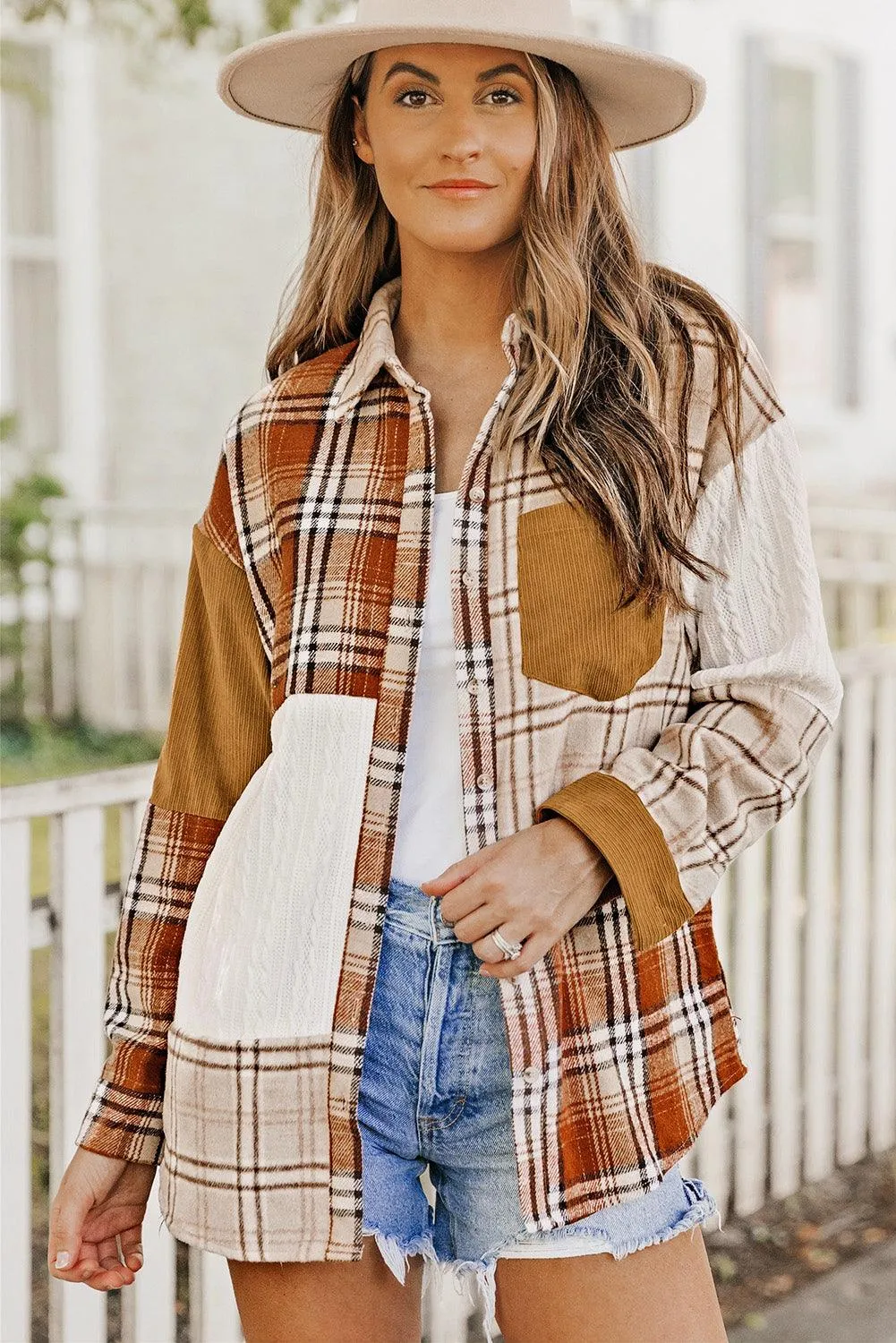 Khaki Plaid Color Block Patchwork Shirt Jacket with Pocket