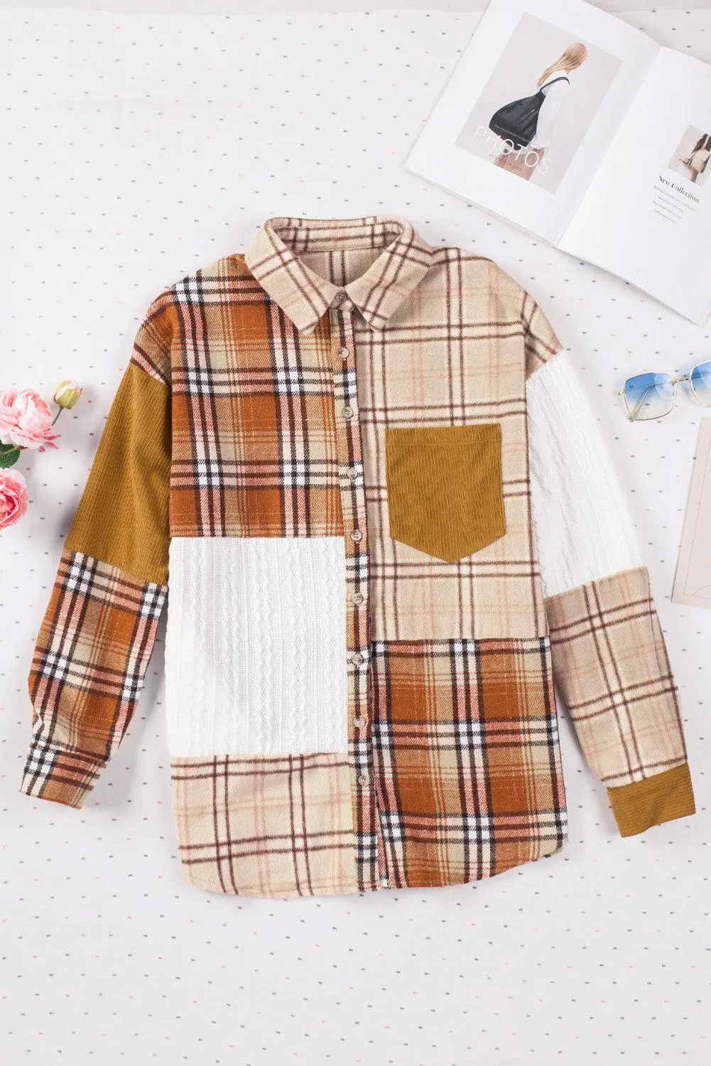 Khaki Plaid Color Block Patchwork Shirt Jacket with Pocket