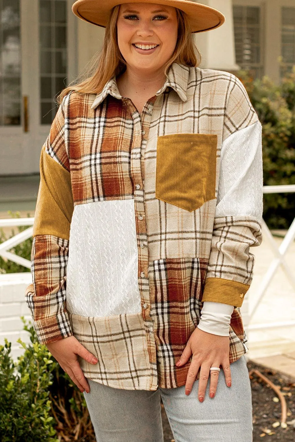 Khaki Plaid Color Block Patchwork Shirt Jacket with Pocket