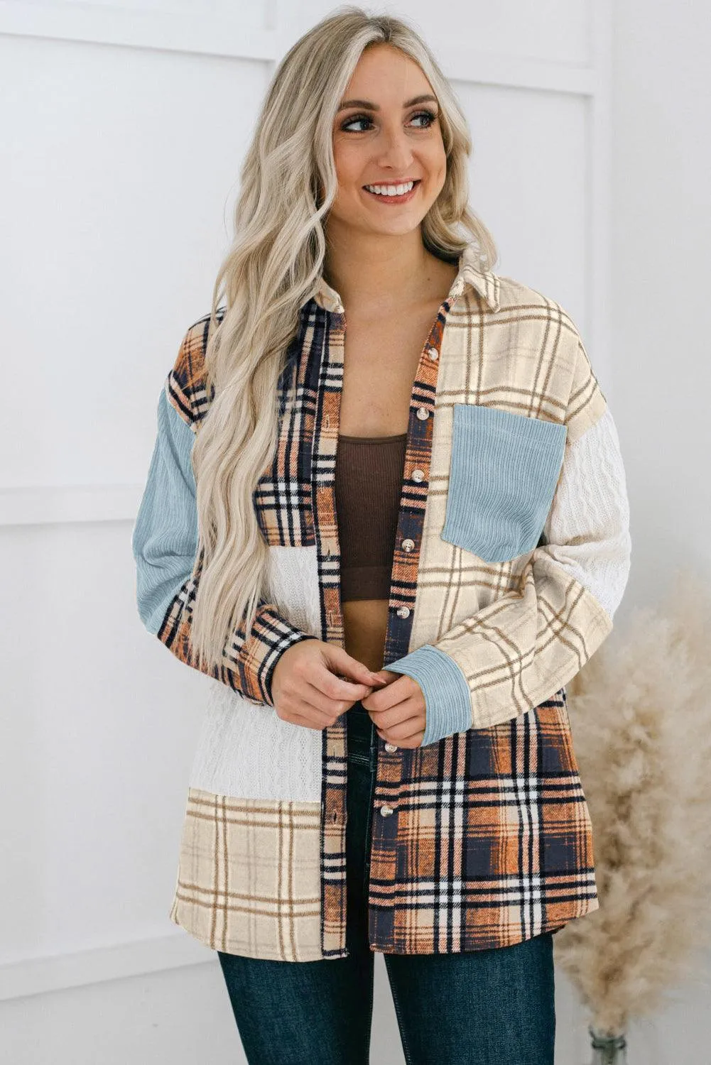 Khaki Plaid Color Block Patchwork Shirt Jacket with Pocket