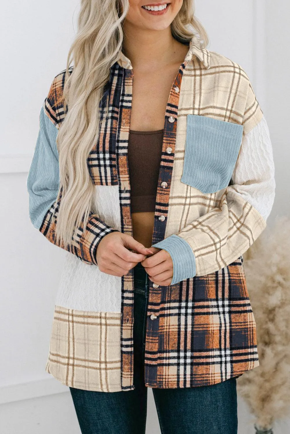 Khaki Plaid Color Block Patchwork Shirt Jacket with Pocket