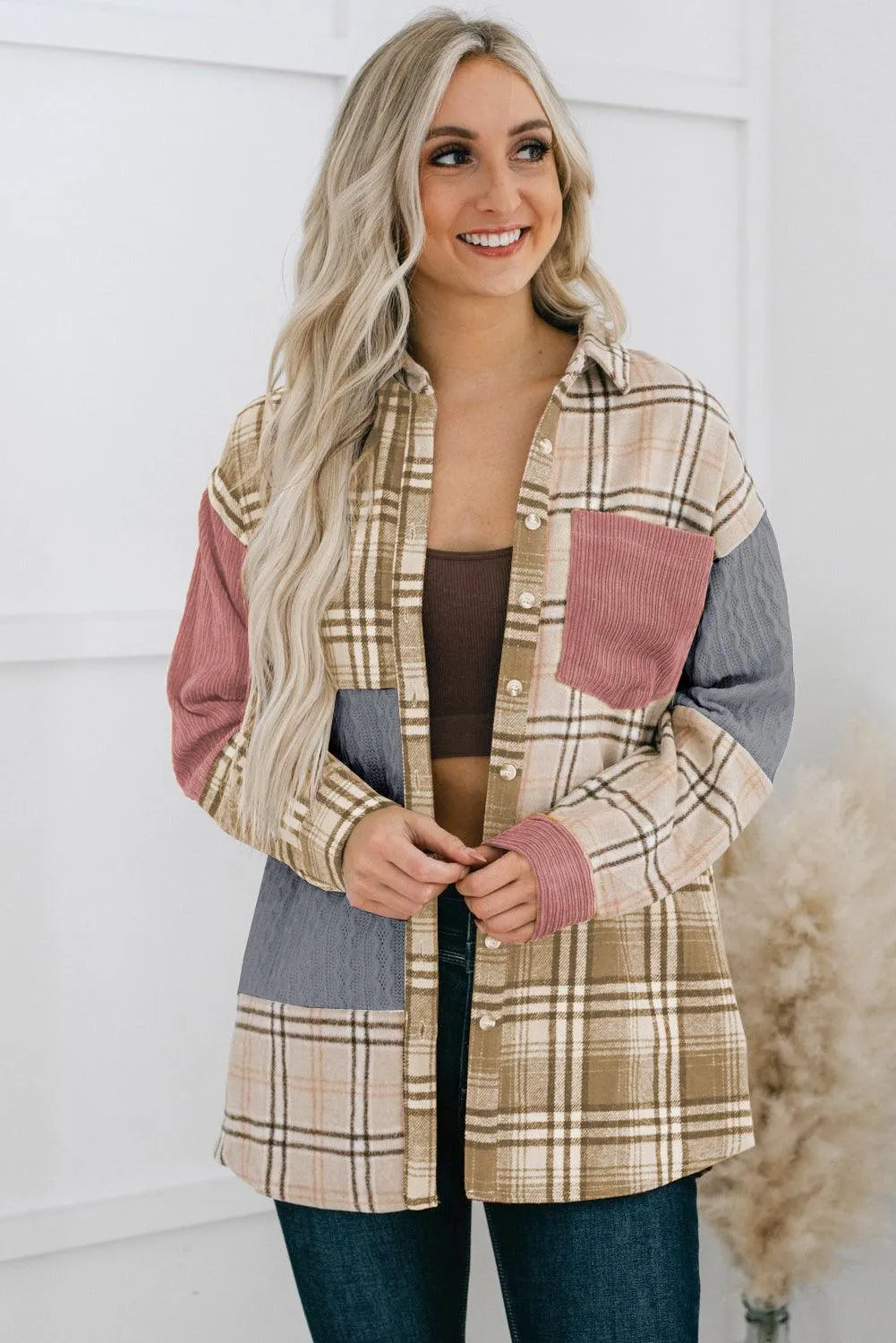 Khaki Plaid Color Block Patchwork Shirt Jacket with Pocket