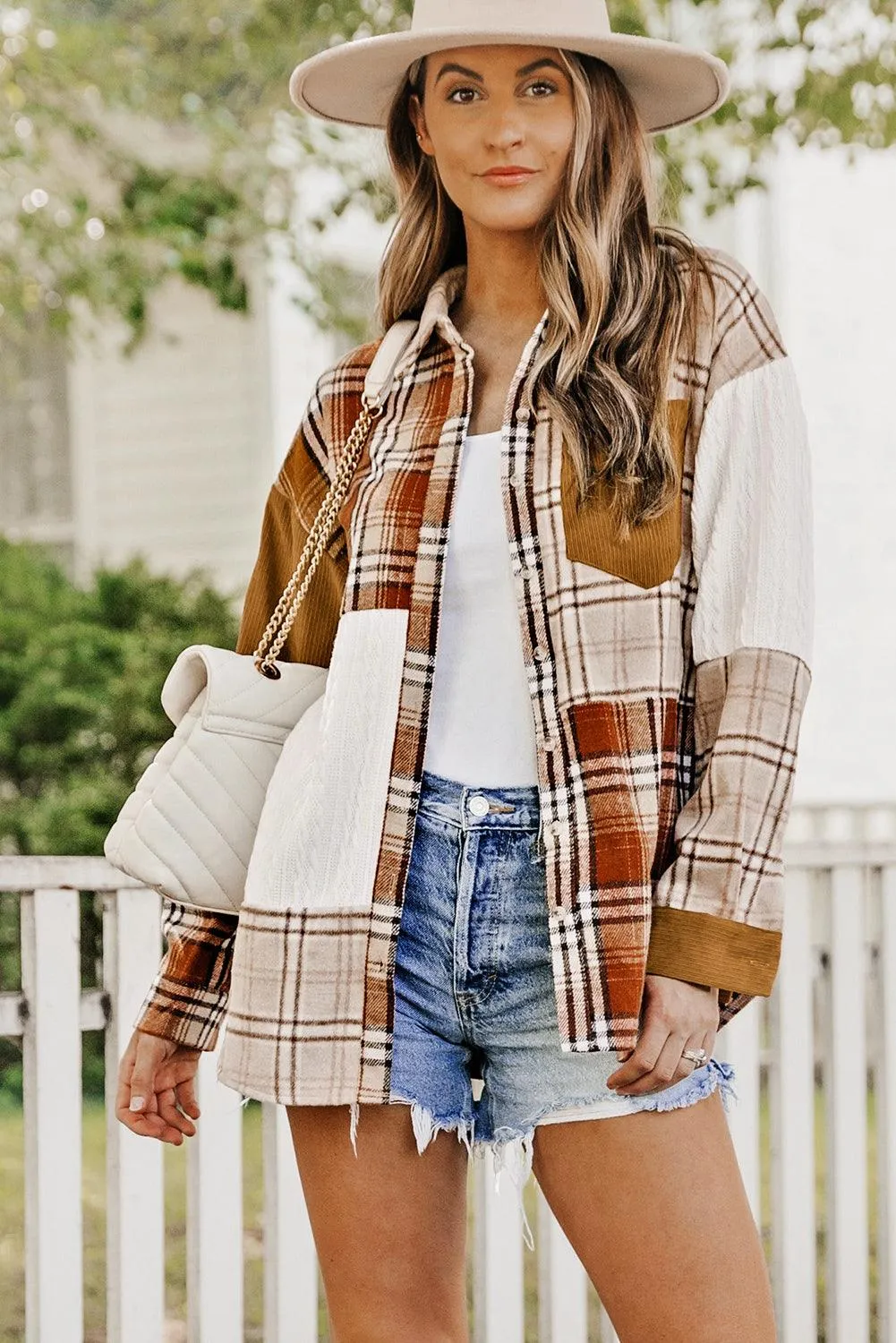 Khaki Plaid Color Block Patchwork Shirt Jacket with Pocket