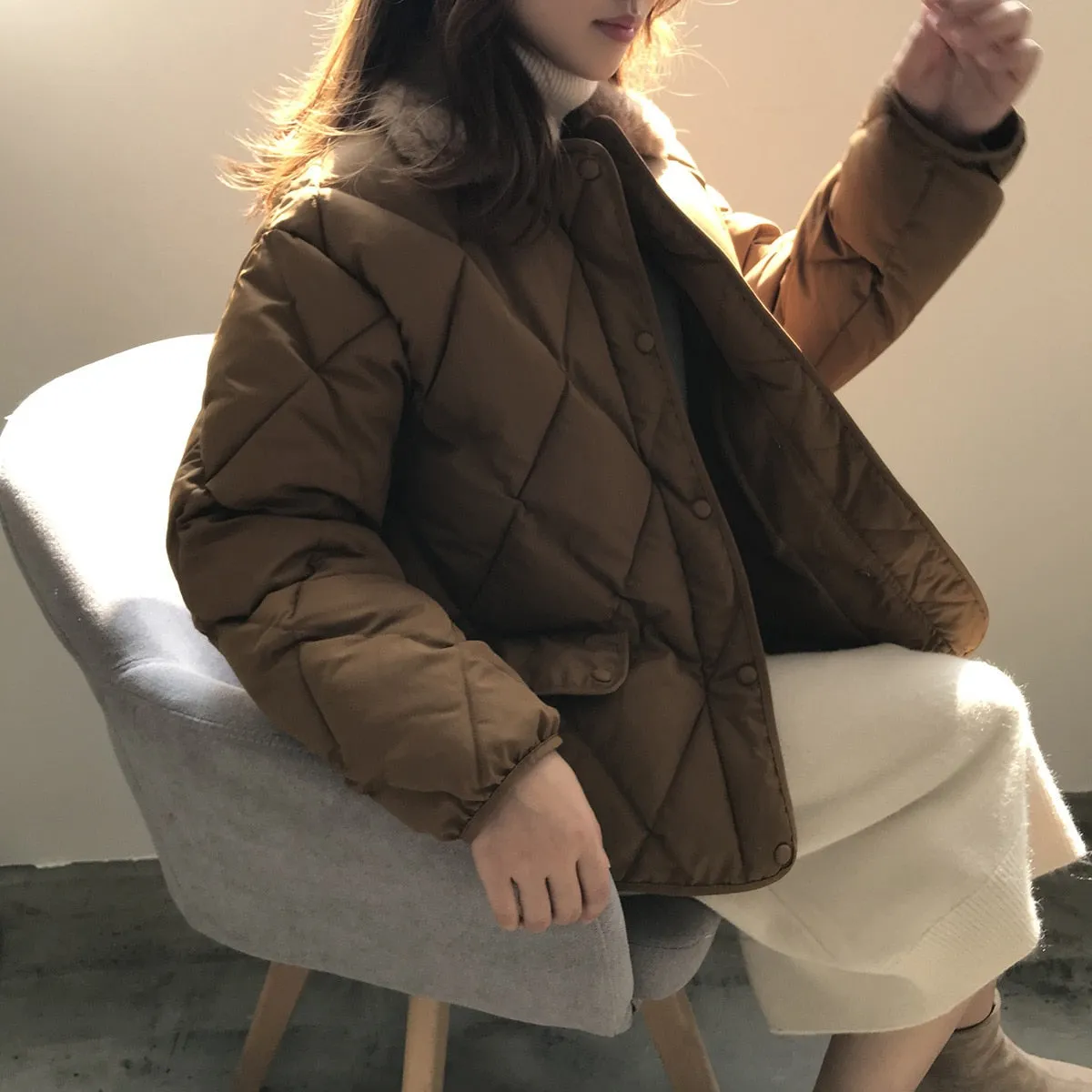 [Korean Style] Alli Quilted Jacket with Fur Collar