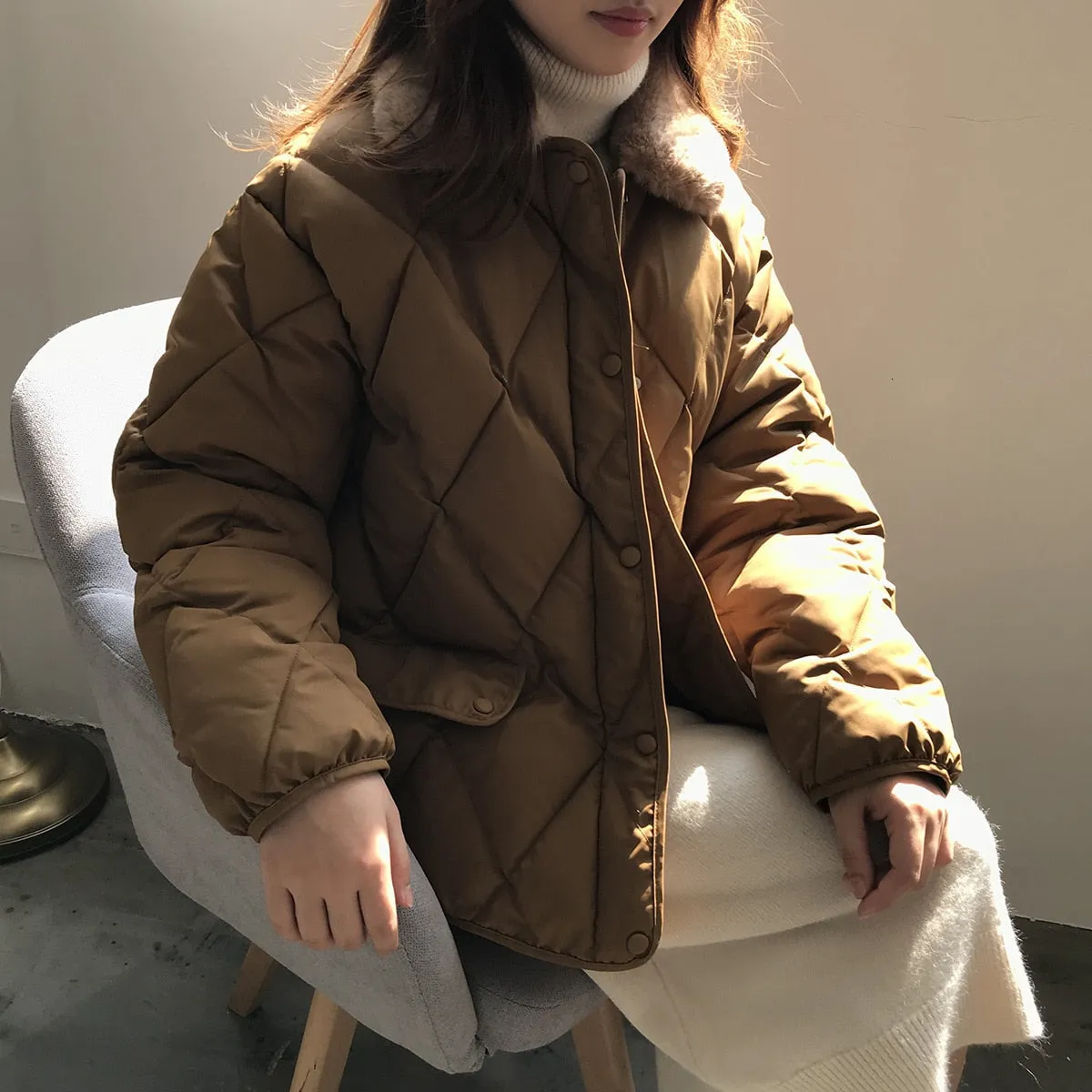 [Korean Style] Alli Quilted Jacket with Fur Collar