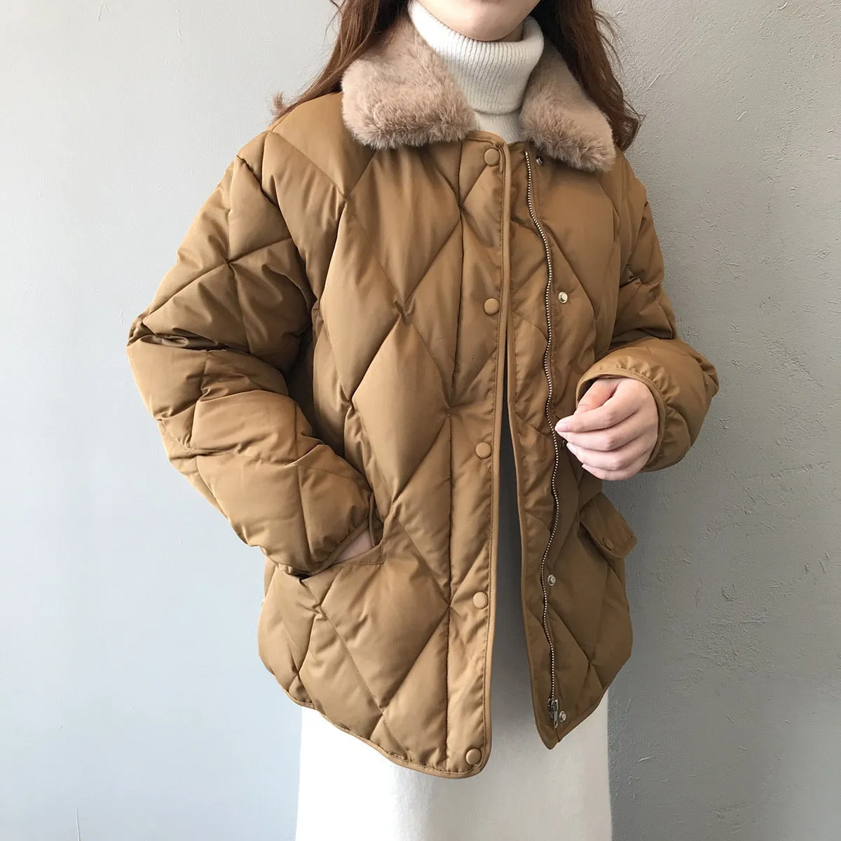 [Korean Style] Alli Quilted Jacket with Fur Collar