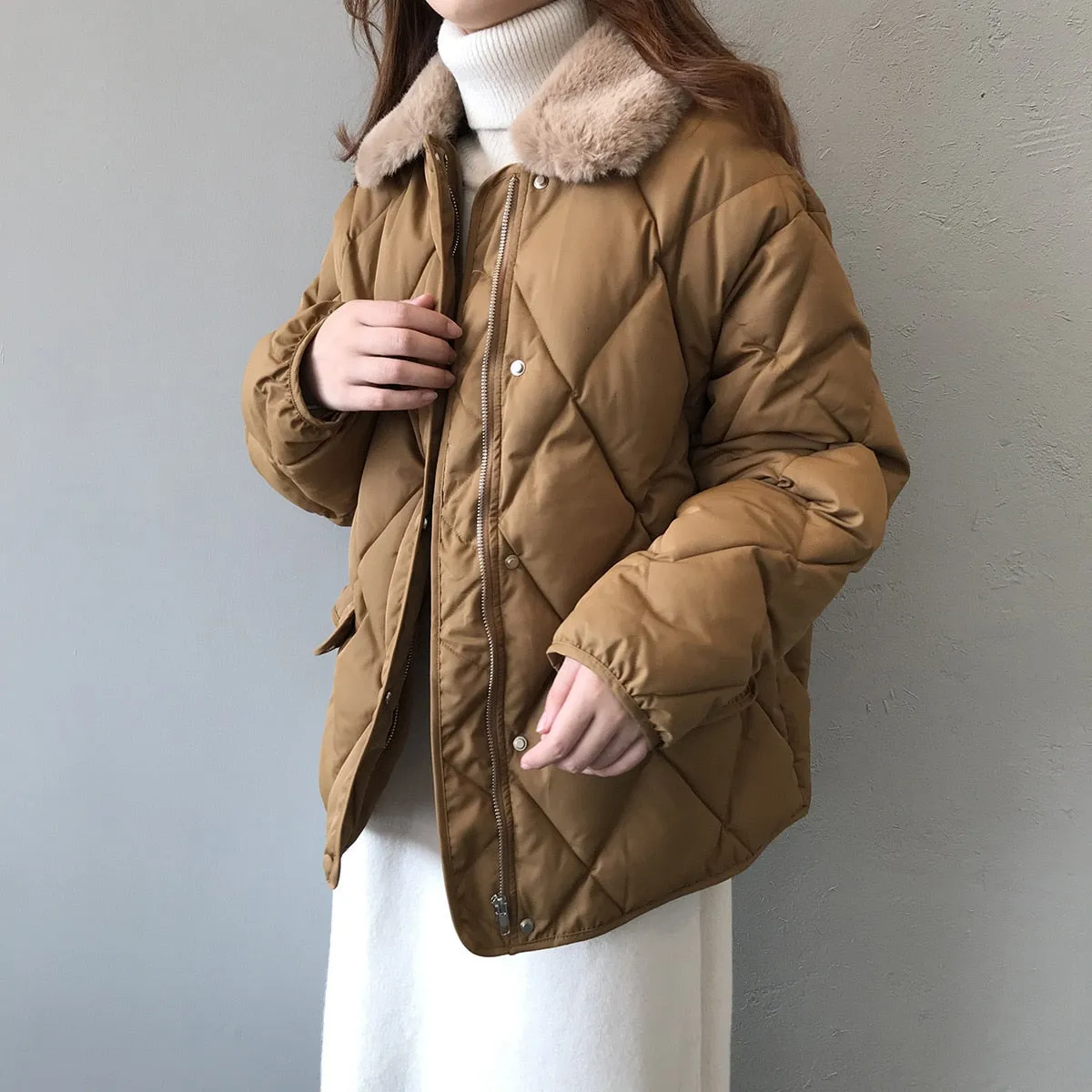 [Korean Style] Alli Quilted Jacket with Fur Collar