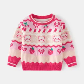 Korean version of children's clothing girls pink sweater 2024 autumn new baby strawberry bear jacquard pullover knitted bottoming shirt