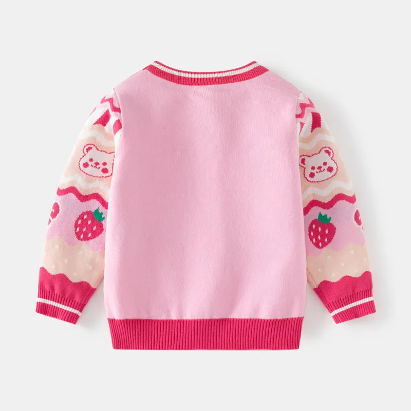 Korean version of children's clothing girls pink sweater 2024 autumn new baby strawberry bear jacquard pullover knitted bottoming shirt