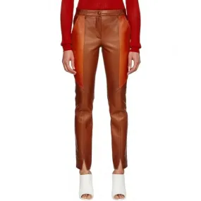 Ladies Slim Fit Paneled Orange Lambskin Leather Pants