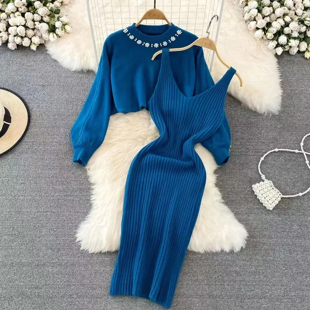 LANFUBEISI Women Sweater Midi Dress Set Casual Pullovers Suits Autumn Winter O-neck Long Sleeve Knitted Solid Slim Elegance Tops Elastic