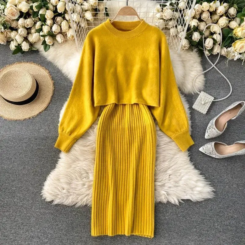 LANFUBEISI Women Sweater Midi Dress Set Casual Pullovers Suits Autumn Winter O-neck Long Sleeve Knitted Solid Slim Elegance Tops Elastic