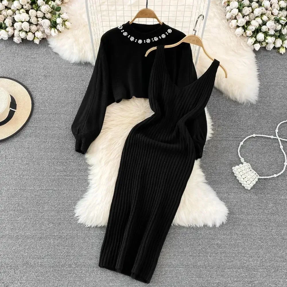 LANFUBEISI Women Sweater Midi Dress Set Casual Pullovers Suits Autumn Winter O-neck Long Sleeve Knitted Solid Slim Elegance Tops Elastic