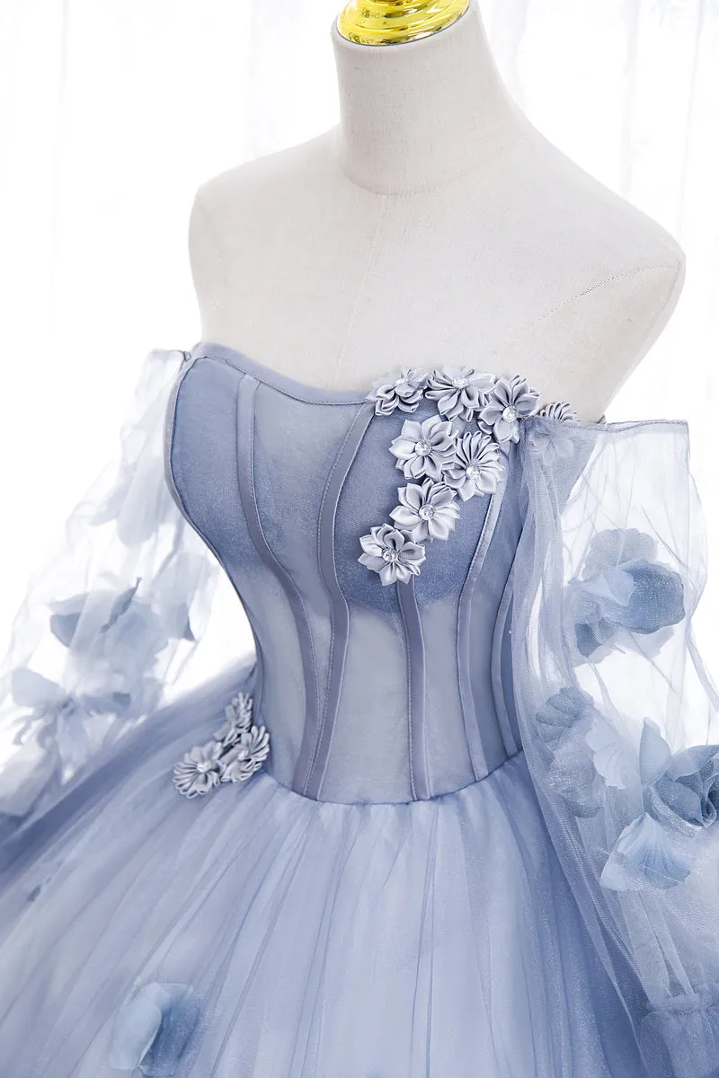 Light Blue Tulle Long Formal Dress Party Dress, Ball Gown Floral Sweet 16 Dress