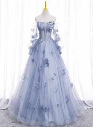 Light Blue Tulle Long Formal Dress Party Dress, Ball Gown Floral Sweet 16 Dress