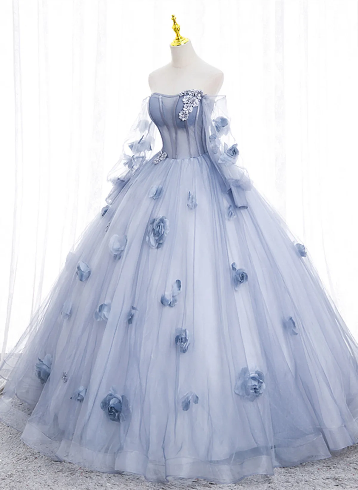 Light Blue Tulle Long Formal Dress Party Dress, Ball Gown Floral Sweet 16 Dress