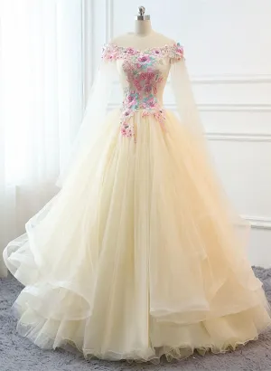 Light Champagne Off Shoulder Tulle with Flowers Formal Gown, Long Sweet 16 Dress