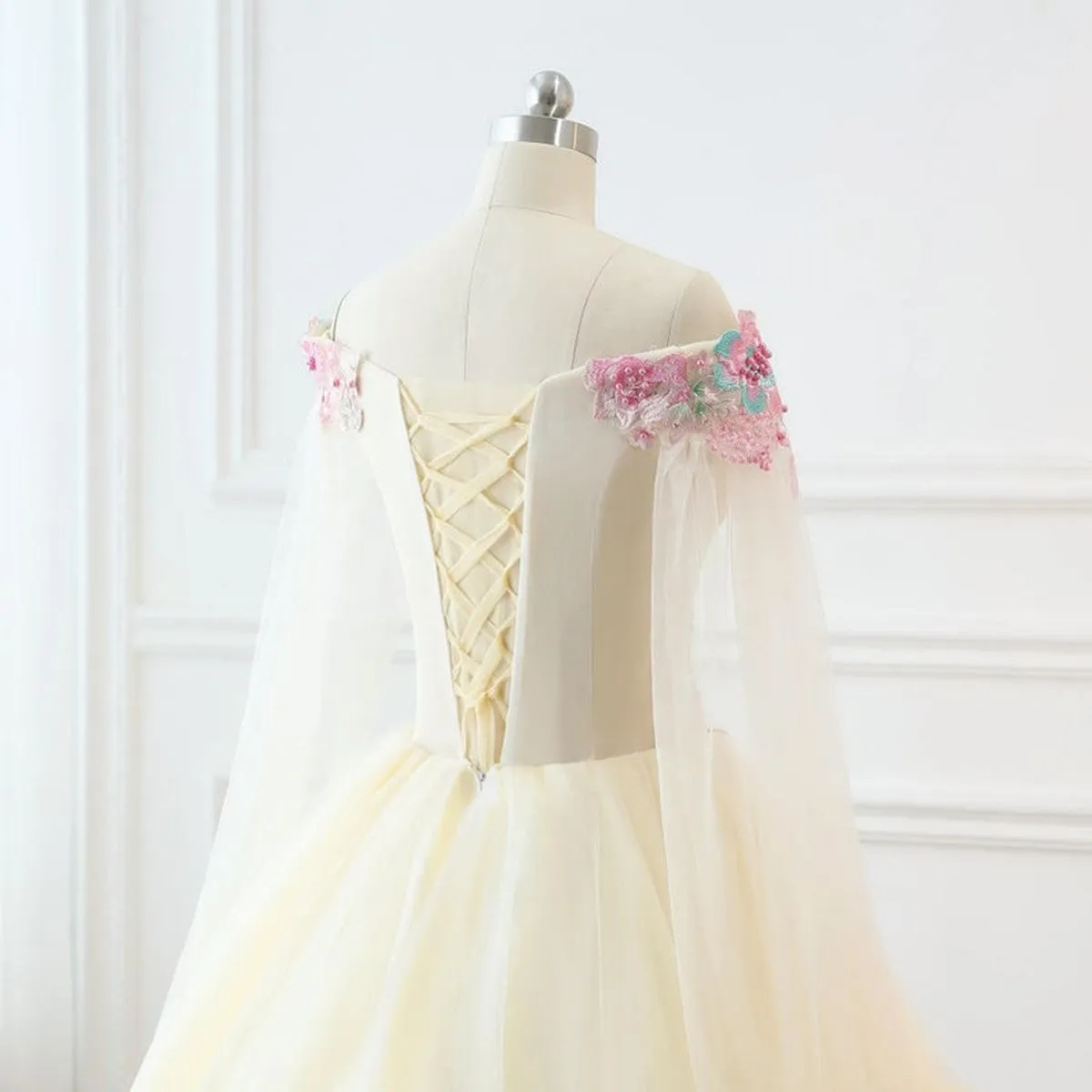 Light Champagne Off Shoulder Tulle with Flowers Formal Gown, Long Sweet 16 Dress