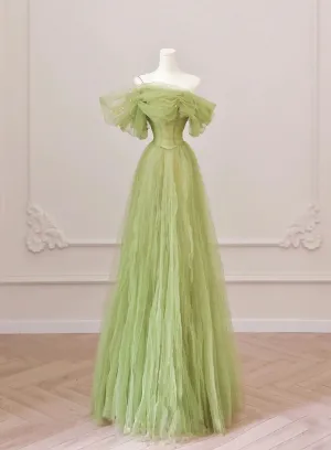 Light Green Off Shoulder Tulle Long Party Dress, A-line Green Prom Dress Formal Dress