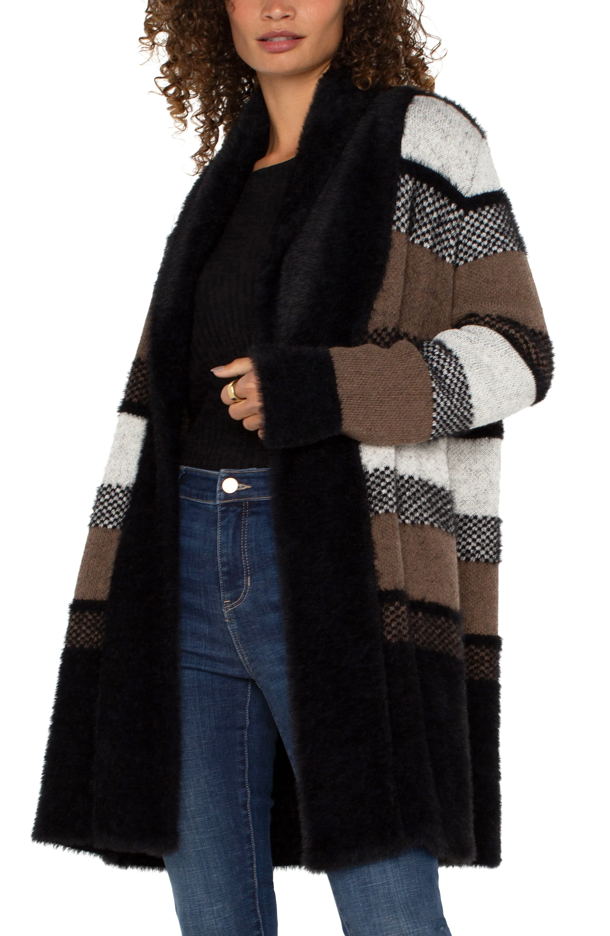 Liverpool Long Sleeve Open Front Shawl Sweater Coat (Black/Tan Multi Colorblock)