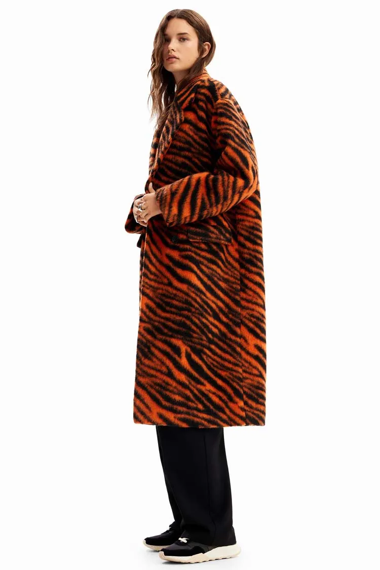 Long Tiger Print Wool Coat | FINAL SALE