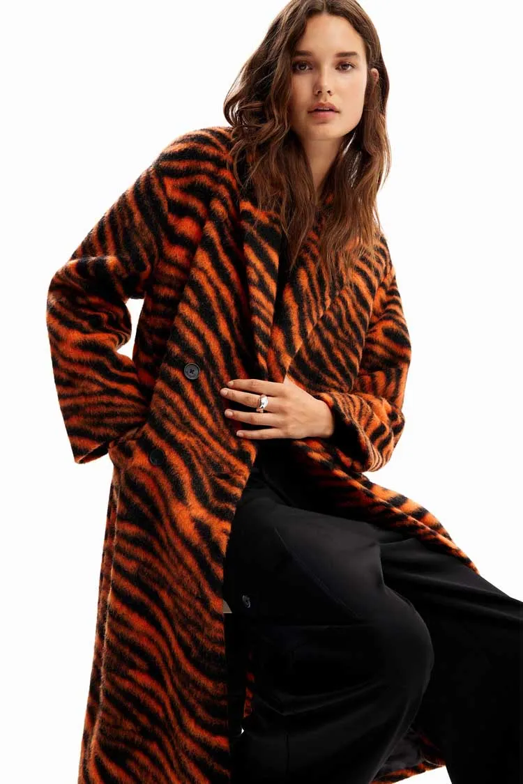 Long Tiger Print Wool Coat | FINAL SALE