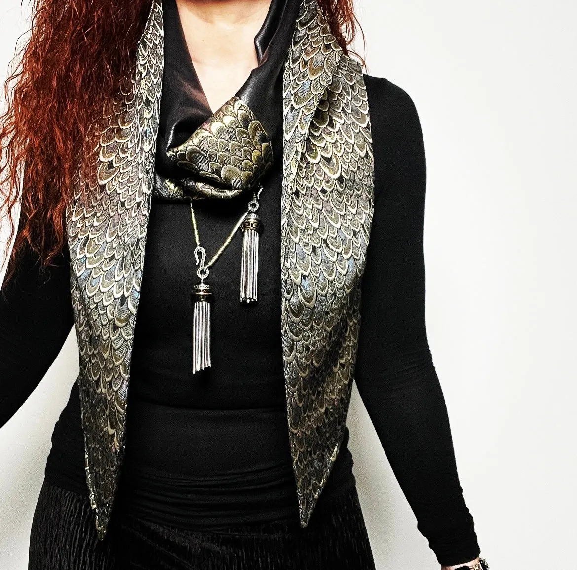 Luxe Collar - Loop Scarf - Faux Leather With Golden Metallic Scales Brocade