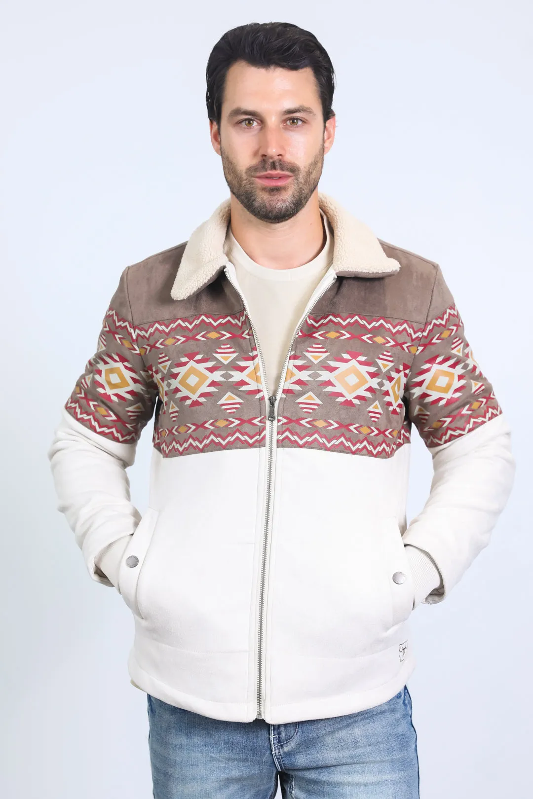 Mens Ethnic Aztec Fur Lined Quilted Suede Beige Jacket