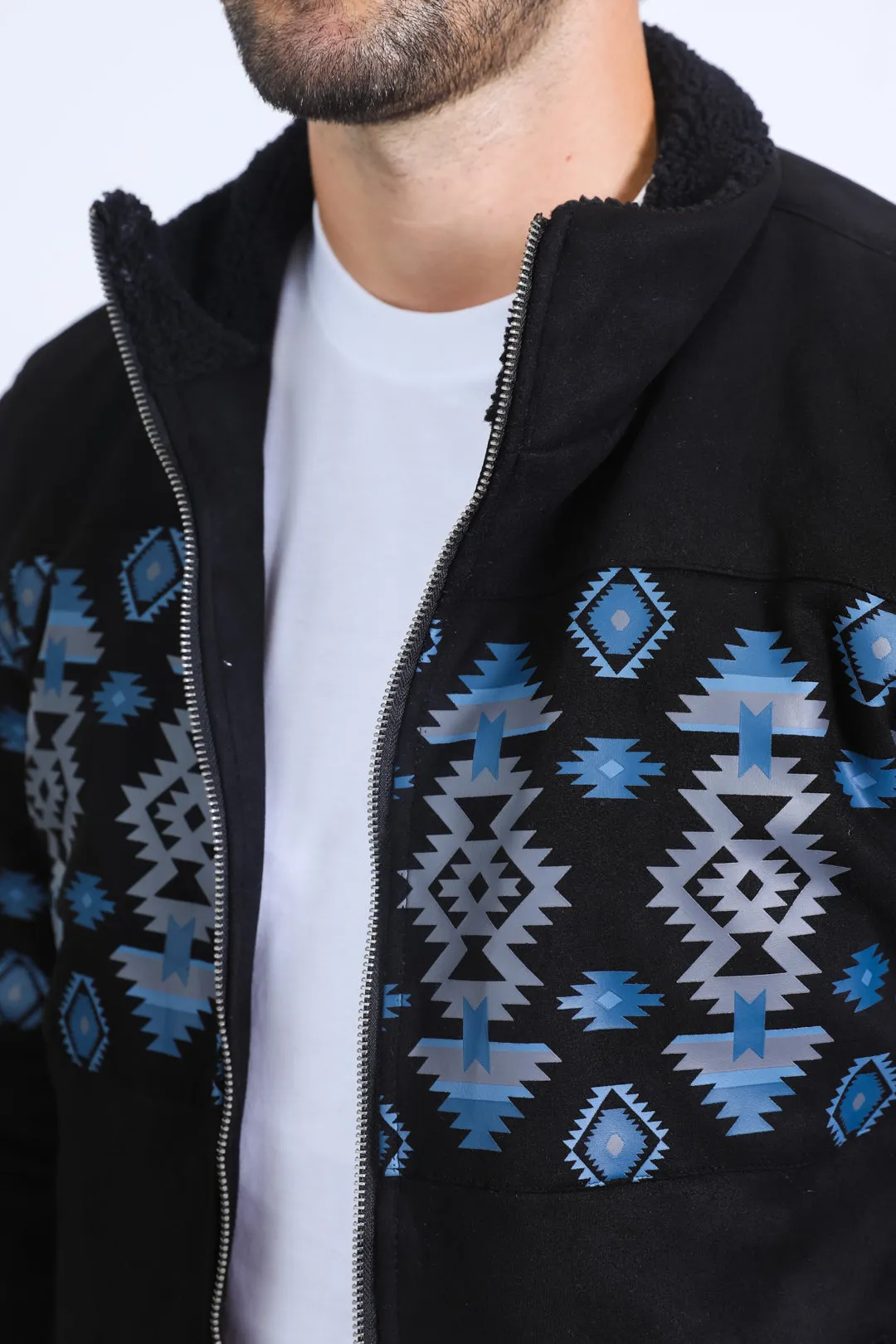 Men's Ethnic Aztec Quilted Fur Lined Black Jacket